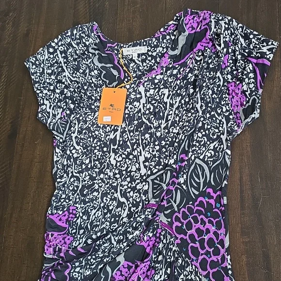 NWT ETRO Milano Floral Print Black Purple Gray Viscose Dress, Size 42 (US 8)